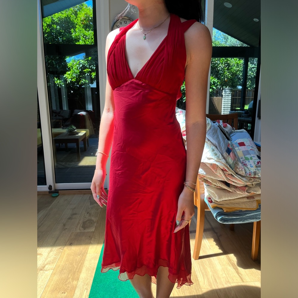 Jaw dropping vintage cache satin red dress halter top open back midi ruched